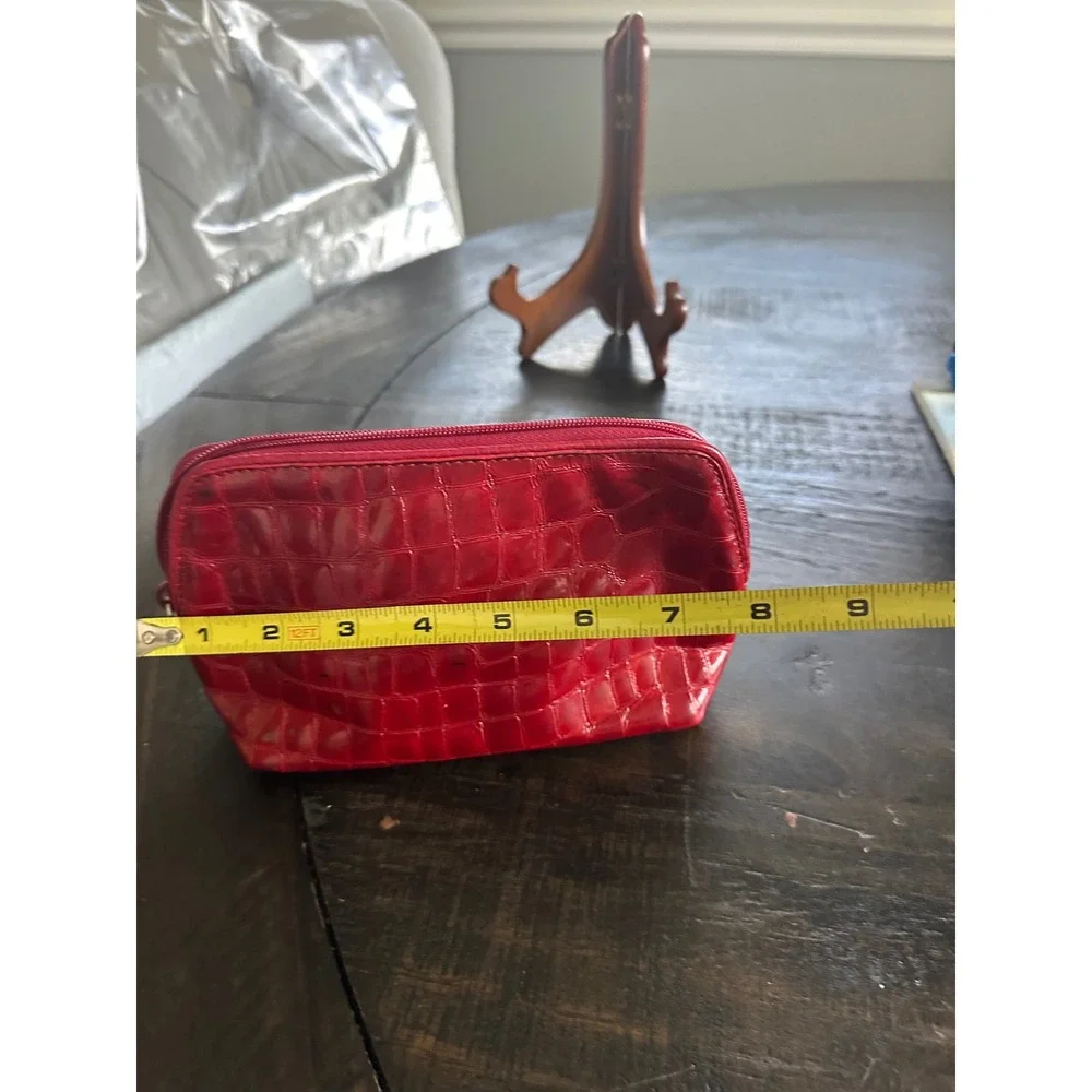 Brighton Red Croc Embossed Patent Leather Cosmetic Pouch Leopard Print Linin GUC